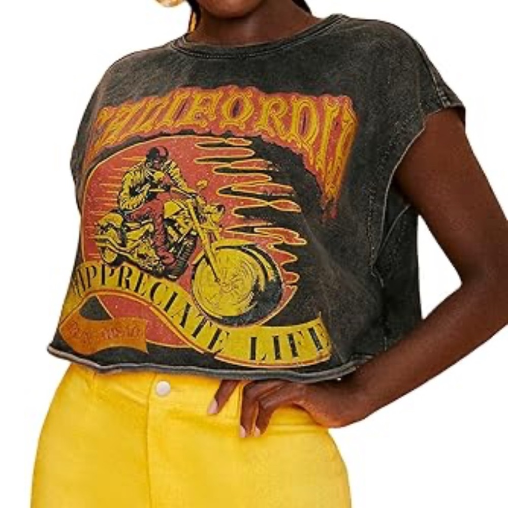 Women's Graphic Print Bleached Tee Cap Sleeve Round Neck Raw Hem Crop Top Sz 0XL